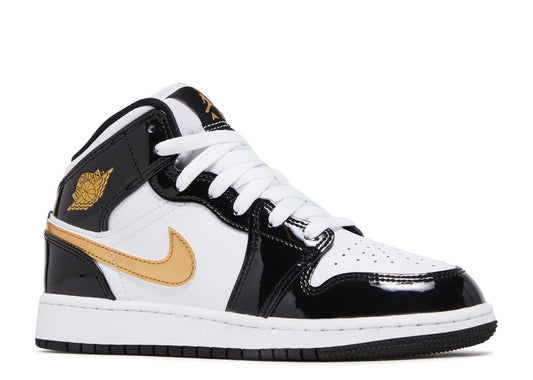 Jordan 1 Mid Patent Black White Gold (GS)