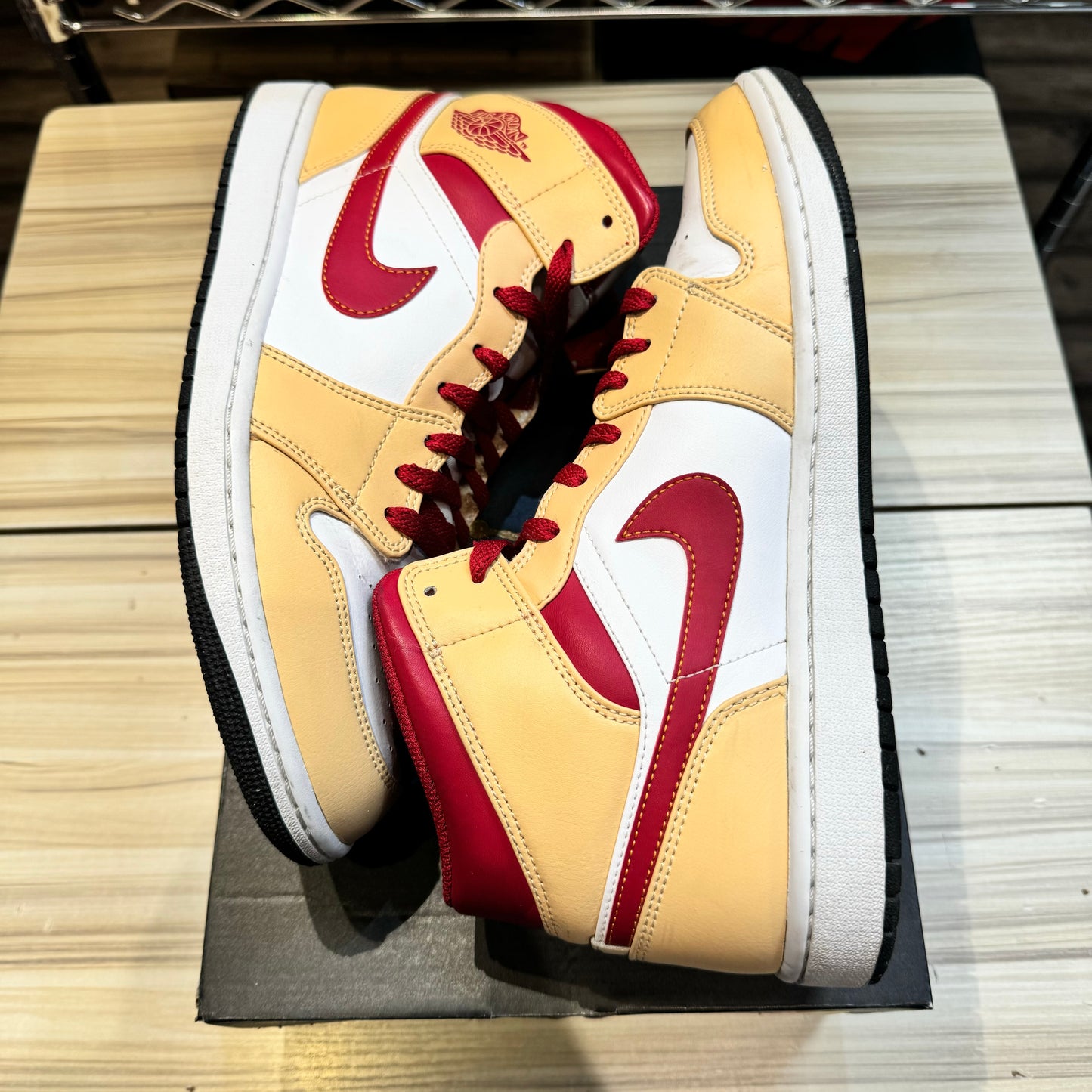 USED Jordan 1 Mid Light Curry Cardinal Red