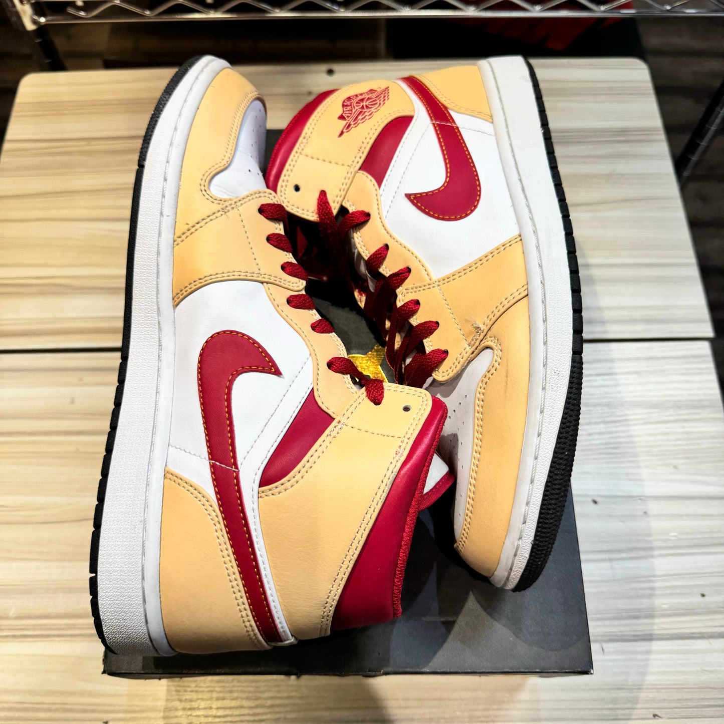 USED Jordan 1 Mid Light Curry Cardinal Red