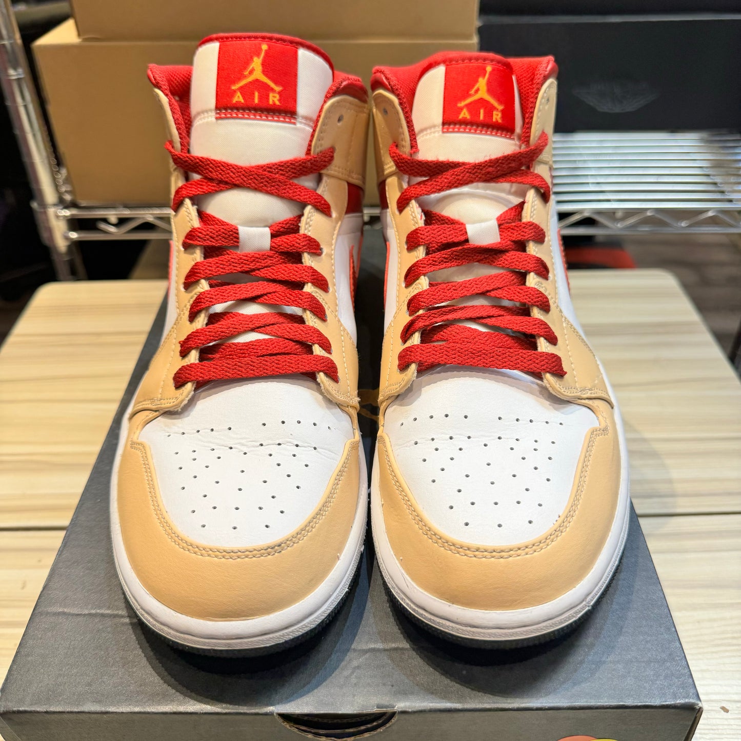 USED Jordan 1 Mid Light Curry Cardinal Red